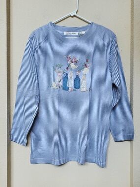 Victoria Jones Woman Blue & White Striped Long-Sleeve Top with Embroidered Vases